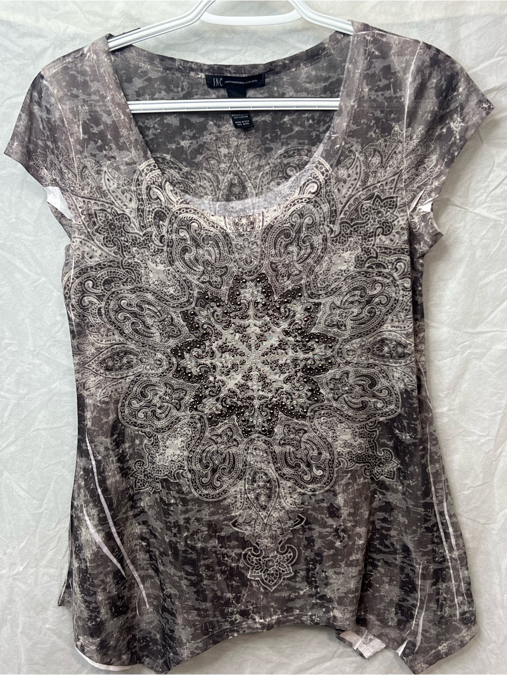 INC International Concepts Gray Patterned Beaded Scoop Neck Tee
